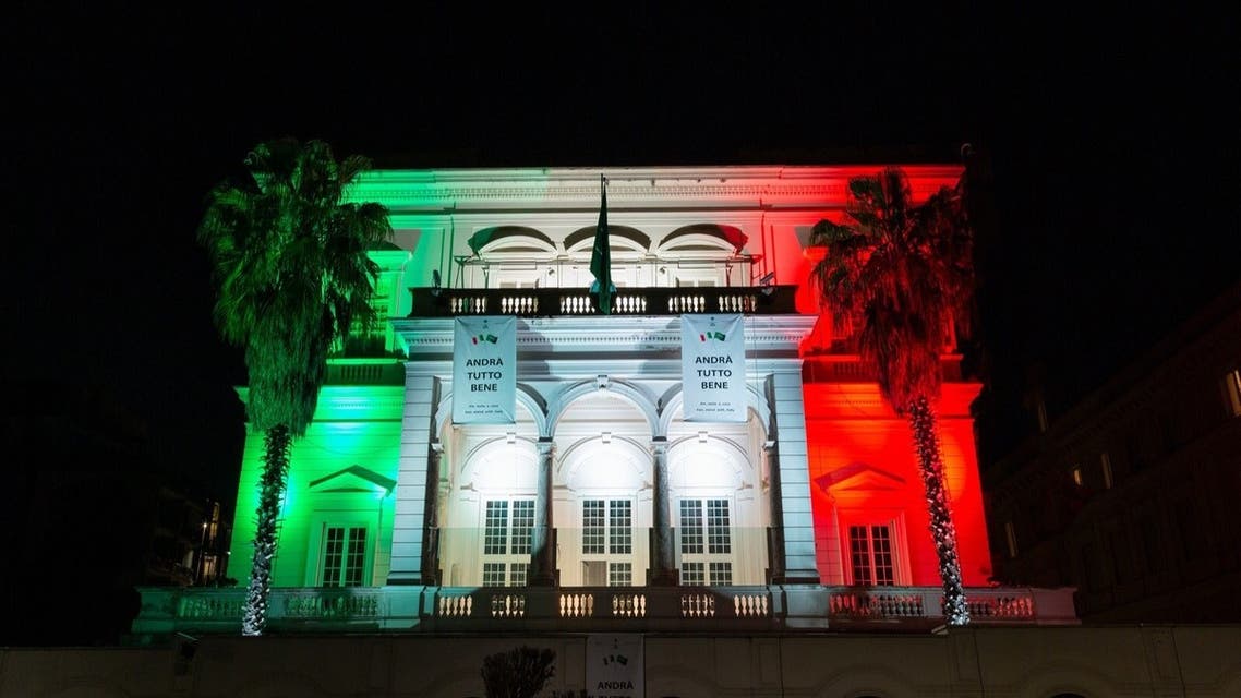 Saudi Arabia’s embassy in Rome is seen illuminated with the colors of the Italian flag on the occasion of Italy’s Liberation Day, on Saturday, April 25, 2020. (Twitter)