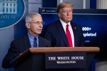 Dr. Anthony Fauci, director of the National Institute of Allergy and Infectious Diseases, about the coronavirus, as President Donald Trump listens, in the James Brady Press Briefing Room of the White House, Friday, April 17, 2020, in Washington. (AP)