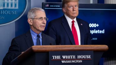 Dr. Anthony Fauci, director of the National Institute of Allergy and Infectious Diseases, talks about the coronavirus, as President Donald Trump listens, in the James Brady Press Briefing Room of the White House, on Friday, April 17, 2020, in Washington. (AP)