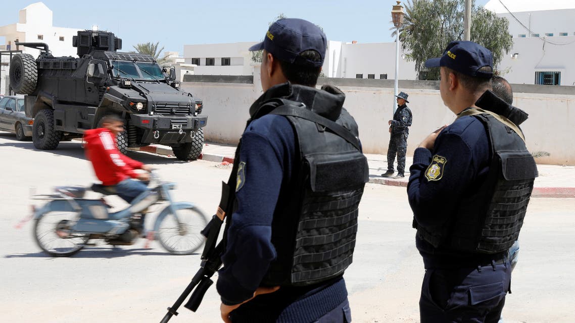 Police officers stand guard in the town of Ben Guerdane, near the Libyan border, Tunisia April 16, 2019. Picture taken April 16, 2019. REUTERS/Zoubeir Souissi