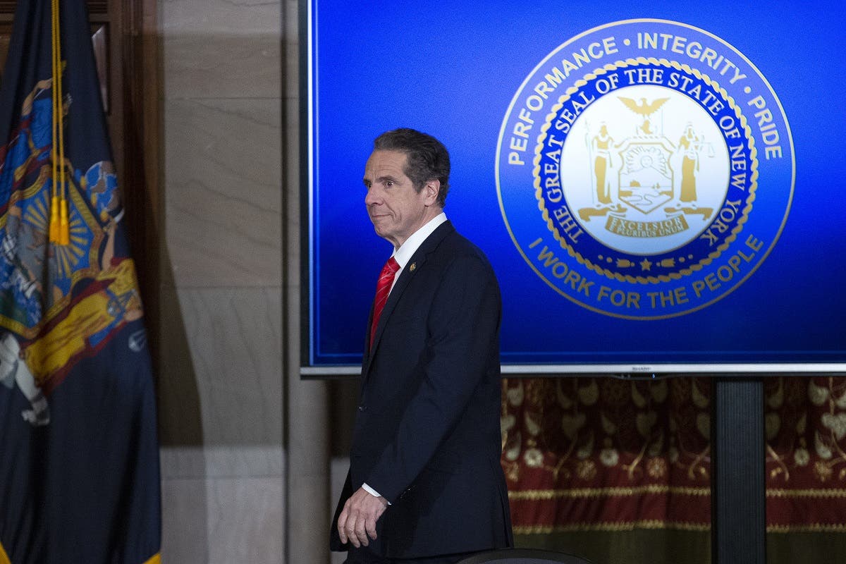 New York State Governor Andrew Cuomo arrives to his daily press briefing on May 1, 2020 in Albany, New York. (AFP)