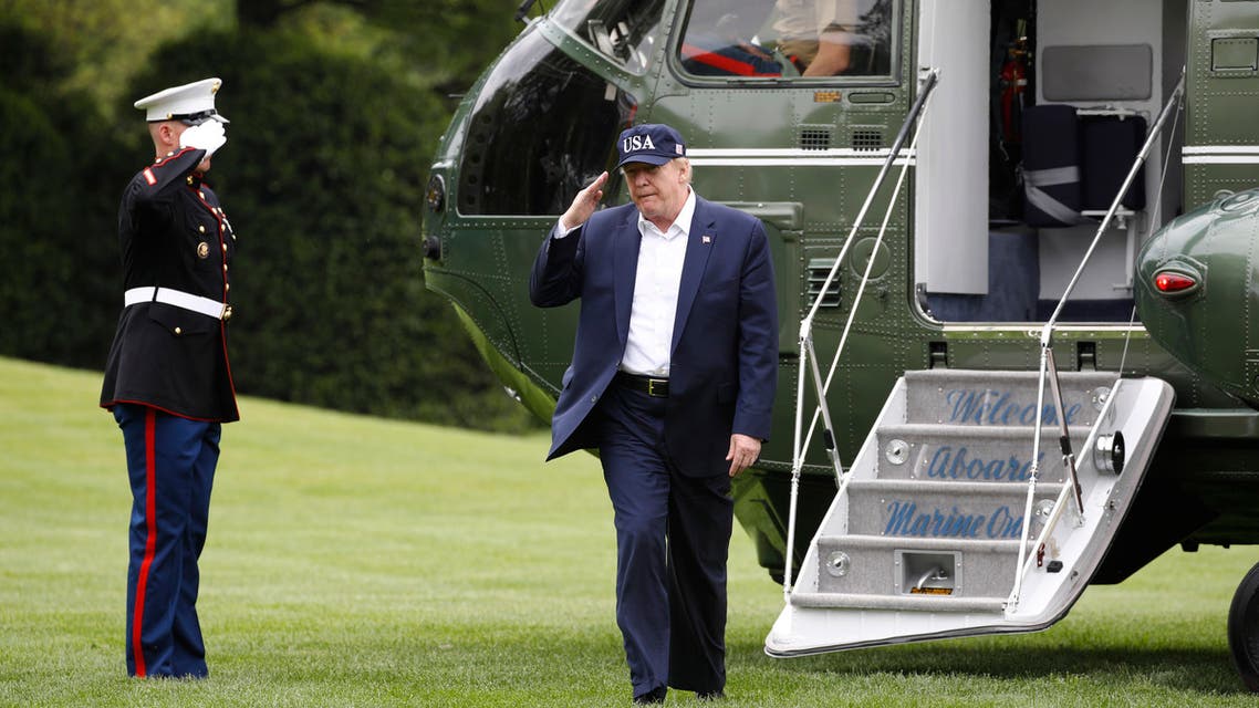 President Donald Trump walks on the South Lawn of the White House after stepping off Marine One, on Sunday, May 3, 2020, in Washington. (AP)