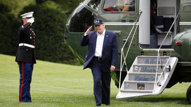 President Donald Trump walks on the South Lawn of the White House after stepping off Marine One, on Sunday, May 3, 2020, in Washington. (AP)