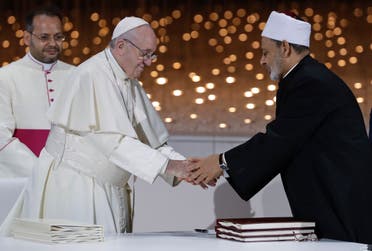 Pope Francis greets Ahmed Al-Tayeb, the grand imam of Egypt's Al-Azhar, in Abu Dhabi, United Arab Emirates on Feb. 4, 2019.  (AP)