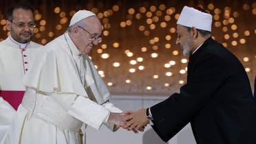 Pope Francis greets Sheikh Ahmed el-Tayeb, the grand imam of Egypt's Al-Azhar, in Abu Dhabi, United Arab Emirates on Feb. 4, 2019.  (AP)