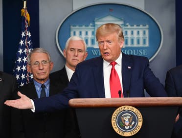 Trump during a press conference on the COVID-19, as Director of the National Institute of Allergy and Infectious Diseases at the National Institutes of Health Anthony Fauci (L) and VP Pence look on at the White House in Washington, DC on February 29, 2020. (AFP)