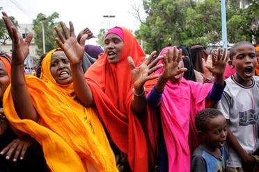 Somali women protest against the killing Friday night of at least one civilian during the overnight curfew, intended to curb the spread of the new coronavirus, on a street in the capital Mogadishu, Somalia on April 25, 2020. (AP)