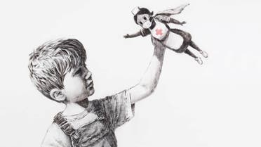 A picture shows a drawing created by the street artist Banksy called Game Changer as an appreciation for the NHS and is on display at Southampton General Hospital, in Southampton, Britain May 6, 2020 in this picture obtained from social media. It shows a boy dressed in dungarees playing with a nurse superhero toy with figures of Batman and Spiderman discarded in a basket on the floor. @BANKSY INSTRAGRAM/via REUTERS THIS IMAGE HAS BEEN SUPPLIED BY A THIRD PARTY. MANDATORY CREDIT. NO RESALES. NO ARCHIVES.