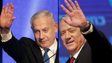 (FILES) This combination of file pictures created on September 18, 2019 shows, Benny Gantz (R), leader and candidate of the Israel Resilience party that is part of the Blue and White (Kahol Lavan) political alliance, waving to supporters in Tel Aviv early, and Israeli Prime Minister Benjamin Netanyahu addressing supporters at his Likud party's electoral campaign headquarters in Tel Aviv early. Israel's Supreme Court on May 6, 2020 approved a coalition deal between Prime Minister Benjamin Netanyahu and his former rival Benny Gantz. The court made the announcement shortly after Netanyahu and Gantz said their new coalition government would be sworn in on May 13, putting an end to Israel's longest political crisis. 