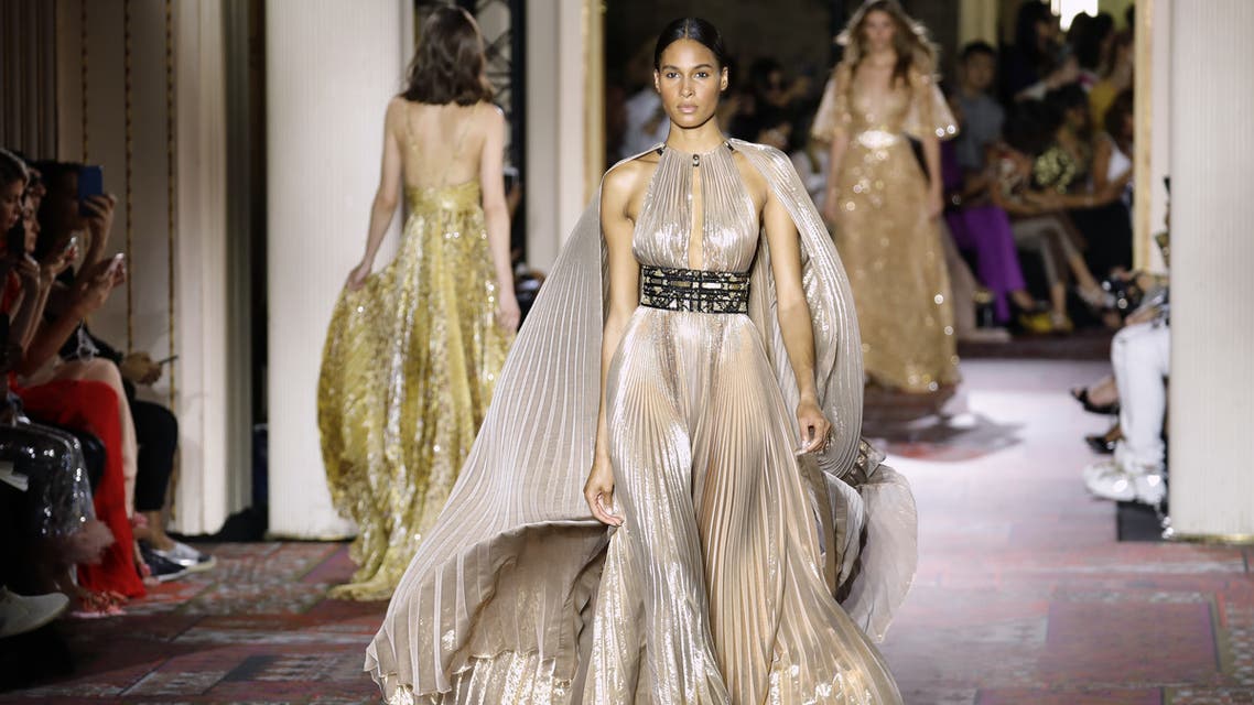 A model presents a creation by Zuhair Murad during the Women's Fall-Winter 2019/2020 Haute Couture collection fashion show in Paris, on July 3, 2019.