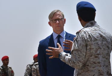 Brian Hook (L), the US special representative on Iran, listens to a member of the Saudi military forces at an army base in al-Kharj, south of the Saudi capital Riyadh, on June 21, 2019. (AFP)