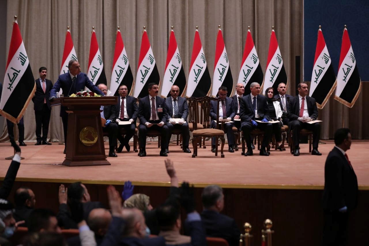 Iraqi Prime Minister-designate Mustafa al-Kadhimi delivers a speech during the vote on the new government at the parliament headquarters in Baghdad. (Reuters)