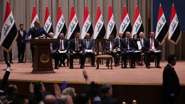 Iraqi Prime Minister-designate Mustafa al-Kadhimi delivers a speech during the vote on the new government at the parliament headquarters in Baghdad. (Reuters)