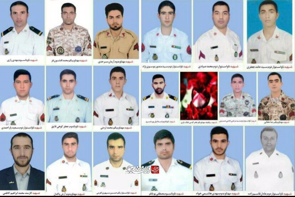 A combined image released by Iran's Press TV reportedly showing the 19 sailors who were killed int he incident. (Press TV, Twitter)