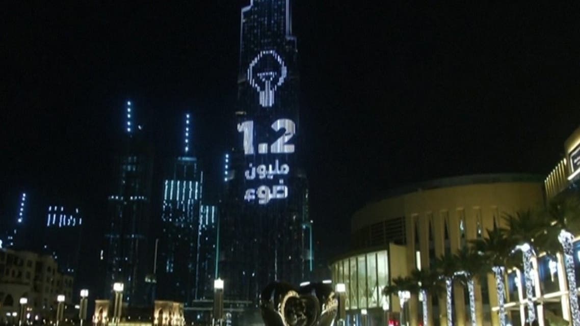 A screengrab of the World’s Tallest Donation Box at the Burj Khalifa hits the 1.2 million-light mark, achieving its target of collecting 1.2 million meals. (Reuters)