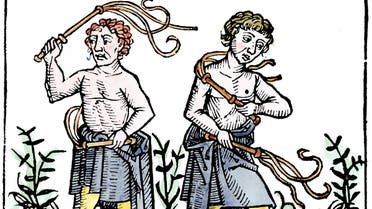 رسم تخيلي لأشخاص وهم بصدد جلد أنفسهم بالعصور الوسطى