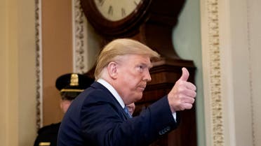 President Donald Trump gives thumbs up as he arrives to speak with lawmakers on Capitol Hill, Tuesday, March 10, 2020, in Washington. (AP)