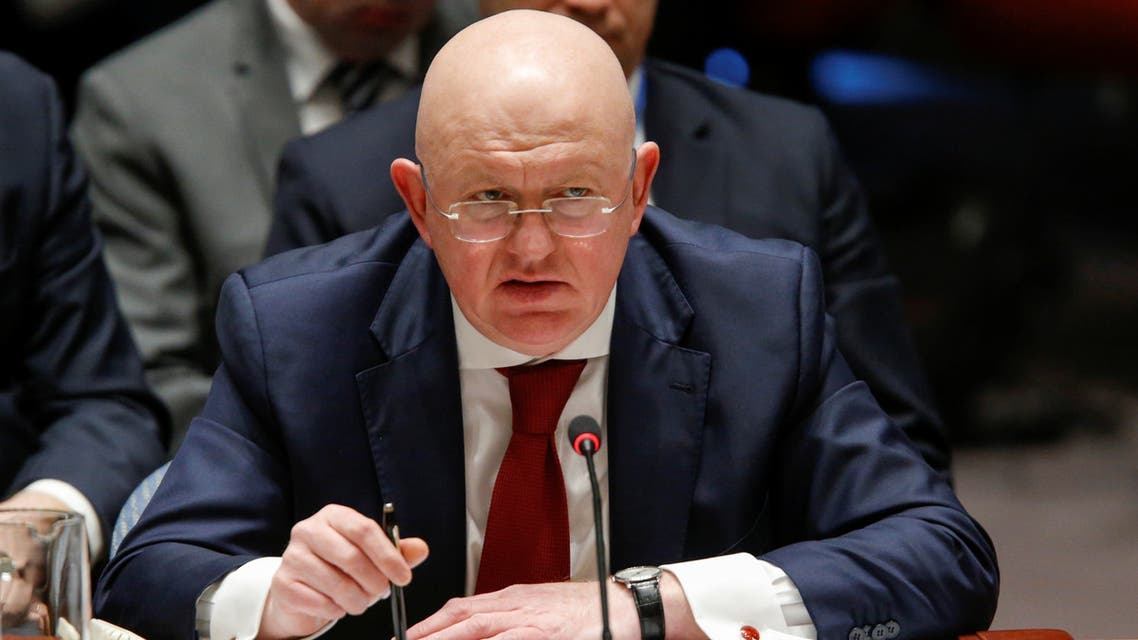 Russian Ambassador to the United Nations Vasily Nebenzya speaks after Members of the United Nations Security Council voted against a Russian resolution condemning 'aggression' against Syria by the U.S. and its allies during an emergency meeting on Syria at the U.N. headquarters in New York, U.S., April 14, 2018. REUTERS/Eduardo Munoz