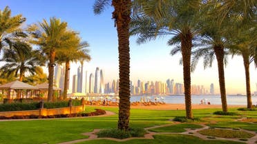 Palm trees against the Dubai skyline at Fairmont the Palm - Dubai. (Unsplash, @ekovu)