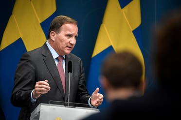 Sweden’s Prime Minister Stefan Lofven speaks during a press briefing on the coronavirus pandemic situation, in Stockholm, Sweden. (AFP)