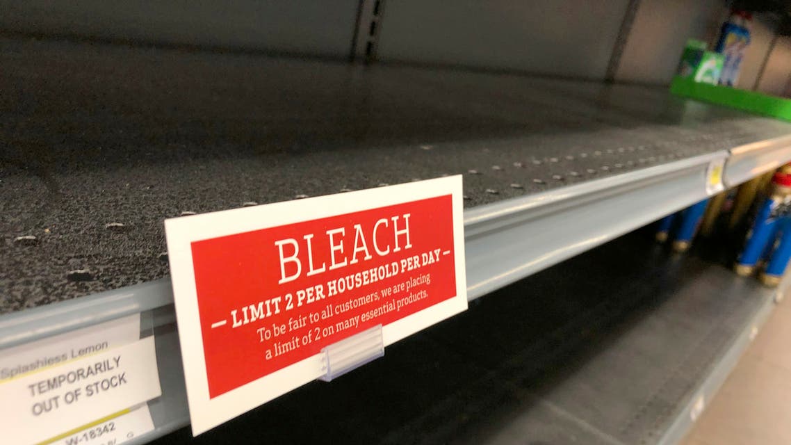 A sign advises only one bottle of bleach per customer, but there are none to be had, as many necessities have sold out at a Gelson's market in the Pacific Palisades area of Los Angeles, amid the new coronavirus outbreak. (AP)