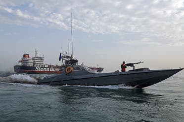 A picture taken on July 21, 2019, shows Iranian Revolutionary Guards patrolling around the British-flagged tanker Stena Impero as it's anchored off the Iranian port city of Bandar Abbas. (File photo: AFP)