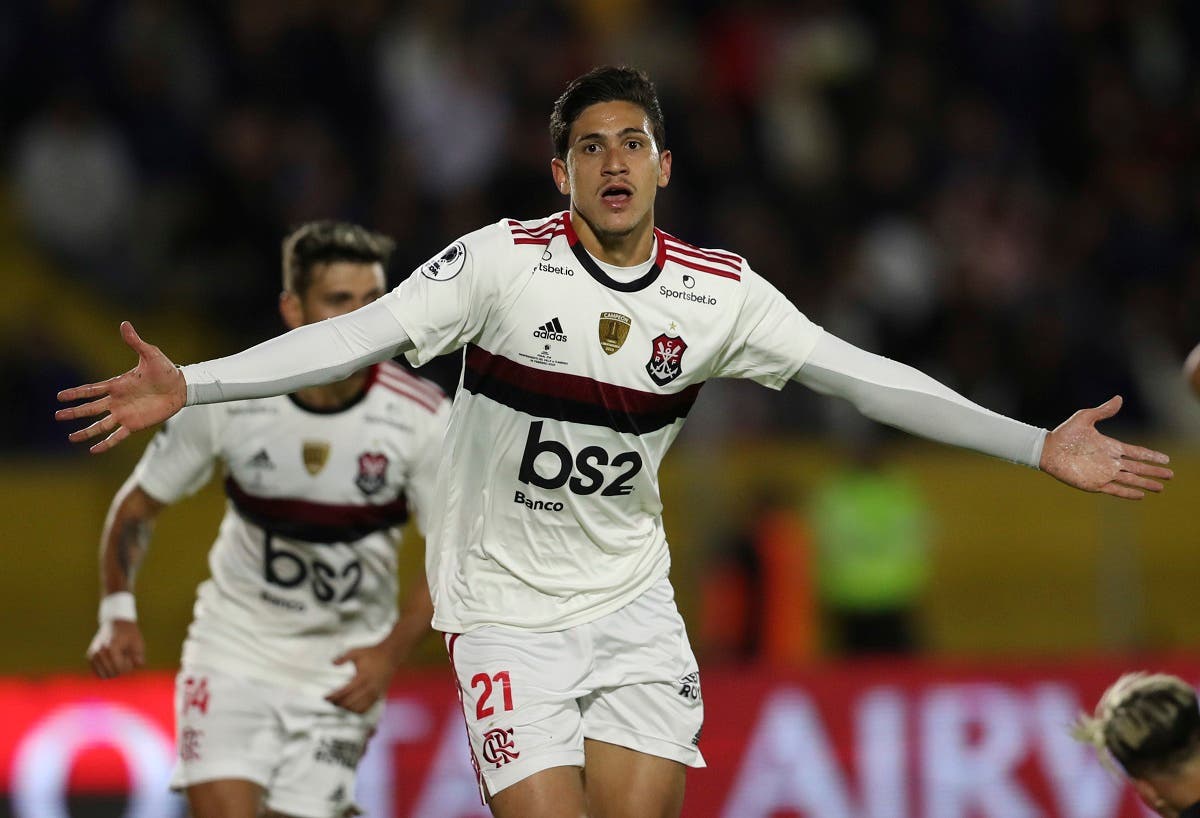 Pedro of Brazil’s Flamengo celebrates scoring against Ecuador’s Independiente del Valle during a first leg Recopa CONMEBOL match at Estadio Olimpico Atahualpa in Quito, Ecuador, February 19, 2020. (AP)