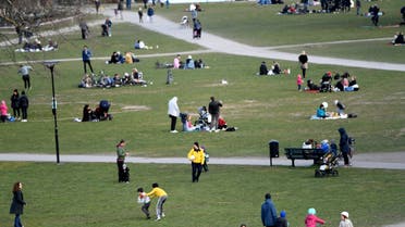 People visit the Raslambshovsparken Park in Stockholm, Sweden, on Saturday April 18, 2020. (AP)