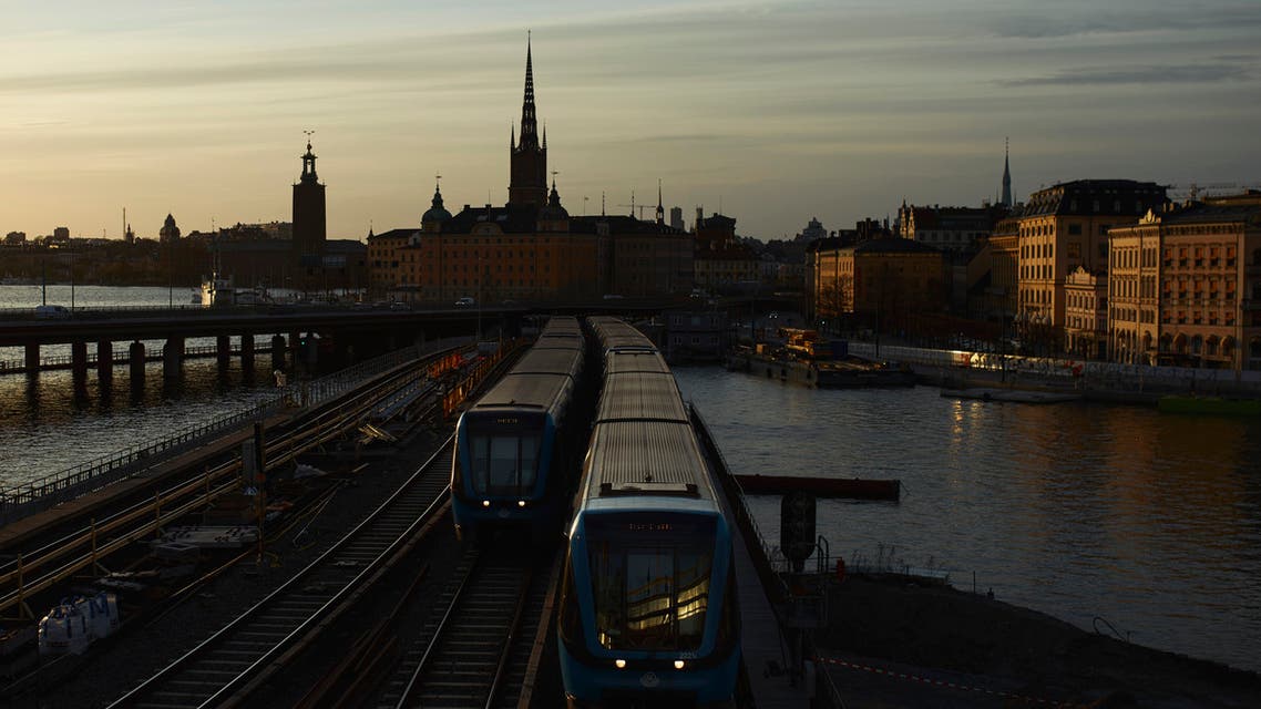 Trains move towards T-Centralen station in Stockholm, Sweden, on Wednesday, April 8, 2020. (AP)