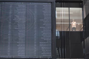 A stock market employee wearing a protective face mask stands beside an electronic board showing stock prices at Tehran Stock Exchange in Tehran, Iran, May 12, 2020. (Reuters)