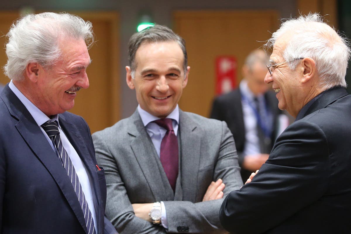 Luxembourg’s Foreign Minister Jean Asselborn (L), Germany’s Foreign Minister Heiko Maas (C) and European Union foreign policy chief Josep Borrell (R) talk during a EU Foreign Ministers meeting in Brussels on February 17, 2020. (AFP)