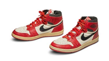 A pair of 1985 Nike Air Jordan 1s, made for and worn by US basketball player Michael Jordan, seen in a photo ahead of an online auction by Sotheby's New York. (Sotheby’s/Reuters)