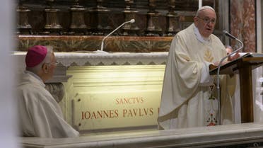 Pope Francis celebrates a Mass for the 100th anniversary of the birth of Pope John Paul II, in St. Peter's Basilica, at the Vatican on May 18, 2020. (AP)