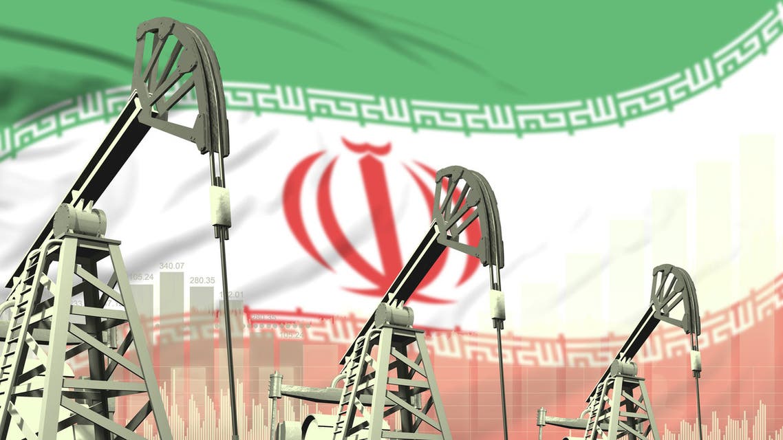 Industrial illustration of oil wells - Iran oil industry concept on flag background. 3D Illustration stock photo