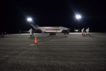 The US Air Force's X-37B Orbital Test Vehicle Mission 5 is seen after landing at NASA's Kennedy Space Center Shuttle Landing Facility, in Florida, on October 27, 2019. (Reuters) 