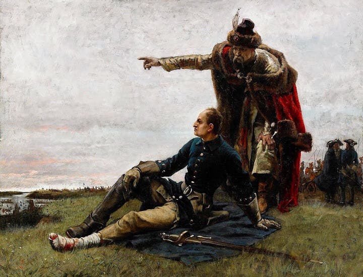 رسم تخيلي لملك السويد شارل الثاني عشر وهو مصاب عقب معركة بولتافا