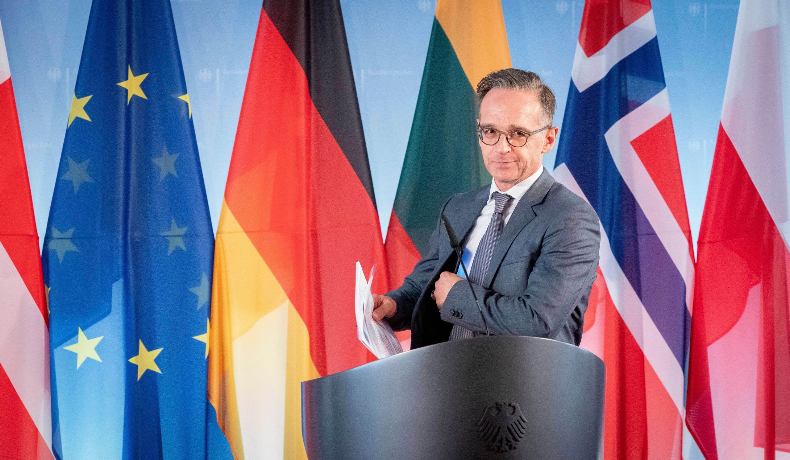 German Foreign Minister Heiko Maas briefs the media prior to the Foreign Ministers’ Meeting of the Council of the Baltic Sea States at the foreign ministry in Berlin, Germany, on Tuesday, May 19, 2020. (AP)