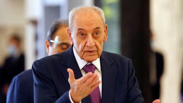 Lebanese Speaker of the Parliament Nabih Berri gestures as he arrives to attend a meeting with Lebanese political leaders to present the plan aimed at steering the country out of a financial crisis, at the presidential palace in Baabda, Lebanon May 6, 2020. (Reuters)