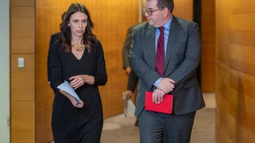 New Zealand Prime Minister Jacinda Ardern arriving for the post-Cabinet press conference with Finance Minister Grant Robertson in Wellington, New Zealand, on Monday May 11, 2020. (AP)