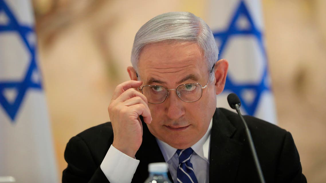 Israeli Prime Minister Benjamin Netanyahu attends the first Cabinet meeting of the new government at the Chagall Hall in the Knesset, the Israeli Parliament in Jerusalem on May 24, 2020. (AP)