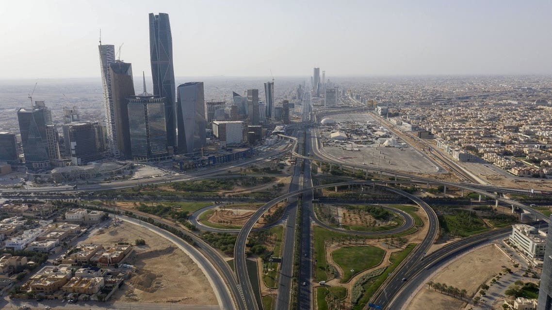 An aerial view shows King Abdullah Finance City and the northern ring road which remains empty due to the COVID-19 pandemic, on the first day of the Eid al-Fitr feast marking the end of the Muslim holy month of Ramadan, in the Saudi capital Riyadh. (AFP)