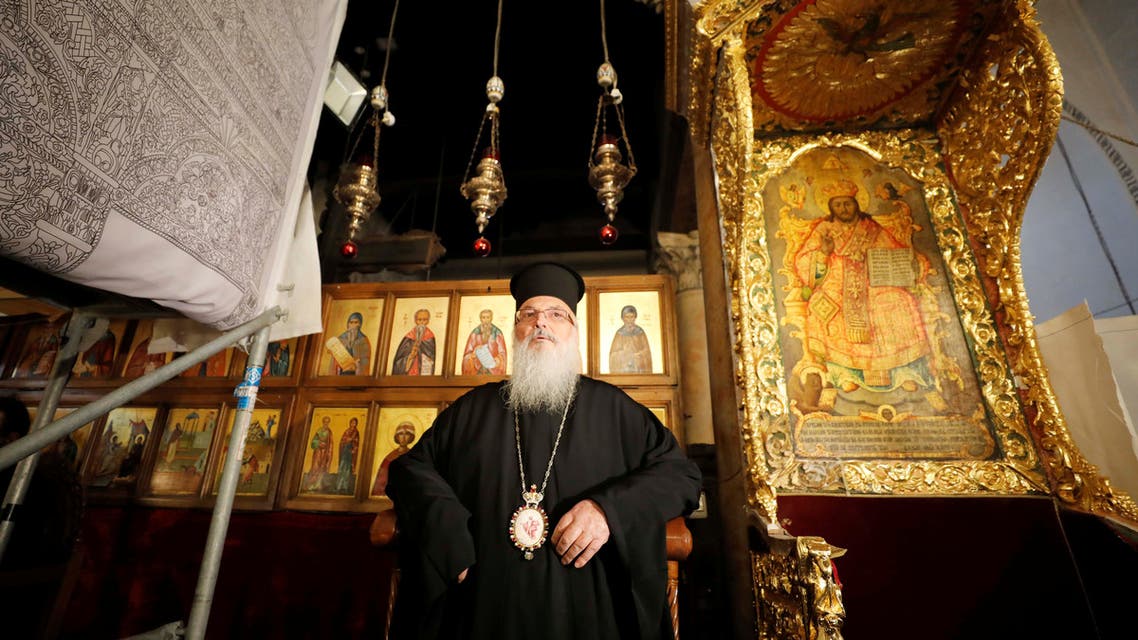 The head of the Greek Orthodox Church in Bethlehem, bishop Theophylactos, reopens the Church of the Nativity as Palestinians ease restrictions of the coronavirus disease (COVID-19), in Bethlehem in the Israeli-occupied West Bank May 26, 2020. (Reuters)