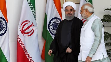 Iranian President Hassan Rouhani (L) and Indian Prime Minister Narendra Modi arrive for a meeting in New Delhi on February 17, 2018. (File photo: AFP)