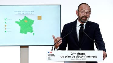 French Prime Minister Edouard Philippe speaks during a televised address at the Hotel Matignon in Paris on May 28, 2020, to announce the second phase of the easing of lockdown measures from June 2. (AFP)
