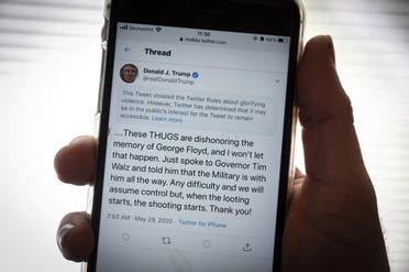 The twitter page of President Donald Trump’s is displayed on a mobile phone in Vaasa, Finland, on May 29, 2020. (AFP)