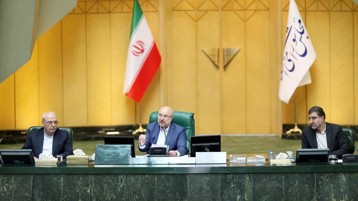 This handout picture provided by the Islamic Consultative Assembly News Agency (ICANA) on May 31, 2020, shows Iranian Parliament speaker Mohammad Bagher Ghalibaf (C) chairing a parliament session in the capital Tehran. Ghalibaf, a former commander of the Revolutionary Guards' air force, was elected speaker earlier this week after February elections that swung the balance in the legislature towards ultra-conservatives.