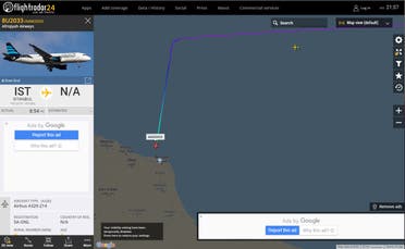 An Afriqiyah Airways flight shows near its approach for Misrata after taking off from Istanbul accompanied by a military aircraft. (Flightradar24)