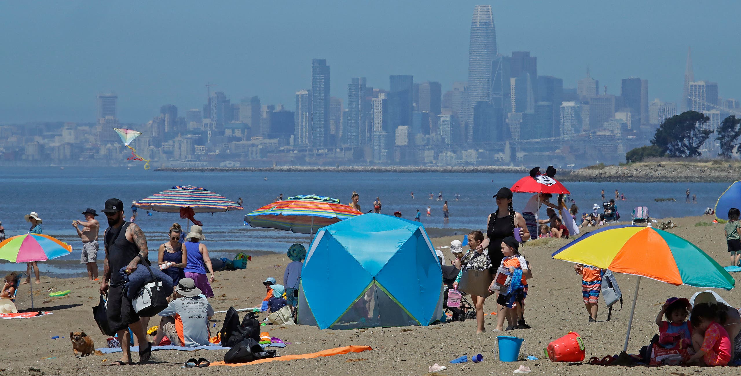People congregate on Robert W. Crown Memorial State Beach with the San Francisco skyline as a backdrop on May 26, 2020, in Alameda, Calif. (AFP)