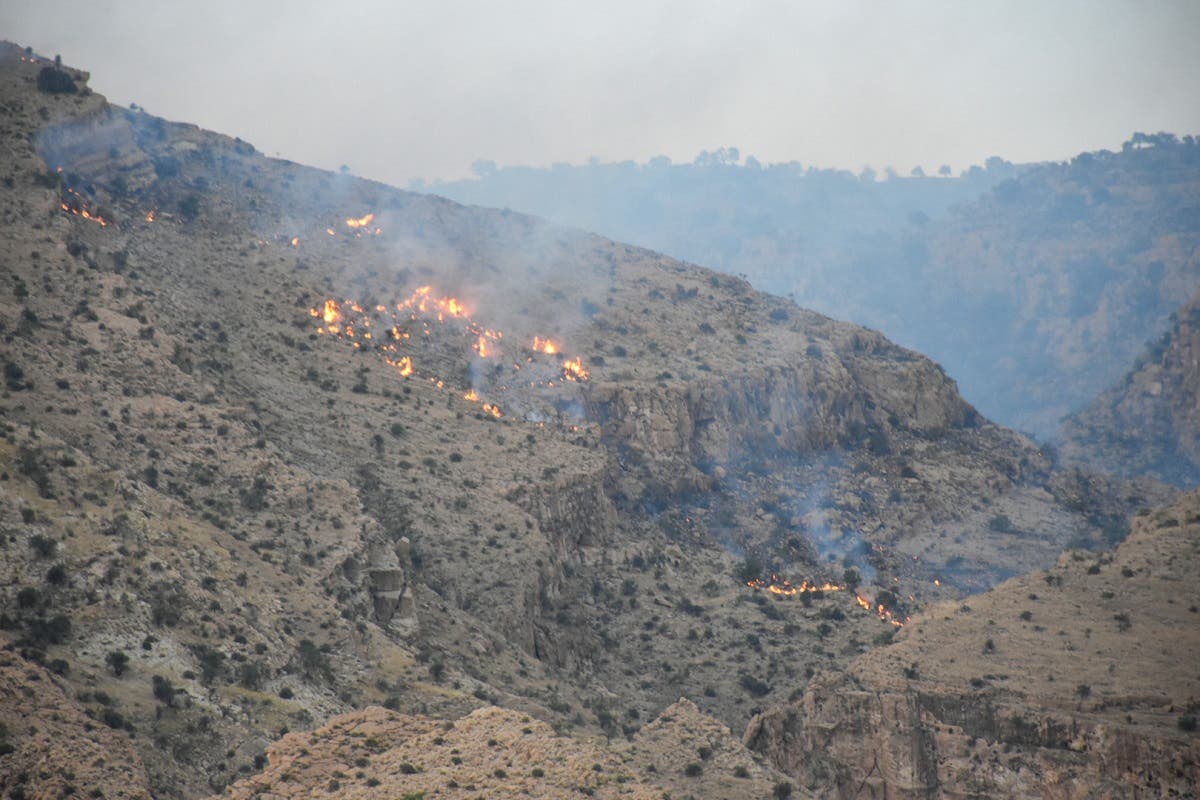 A picture obtained by AFP from Iranian news agency Tasnim on May 30, 2020, shows fires burning in a protected area in the Zagros mountain range, near the city of Behbahan in the Khuzestan province. (AFP)