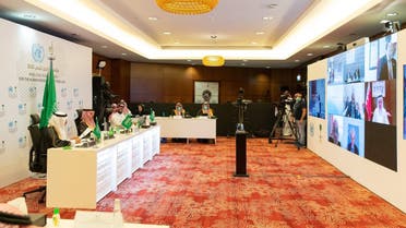 Saudi Arabia’s Foreign Minister Prince Faisal bin Farhan  participates in the virtual high-level pledging event for the humanitarian crisis in Yemen. (Twitter/ @KSAmofaEN)